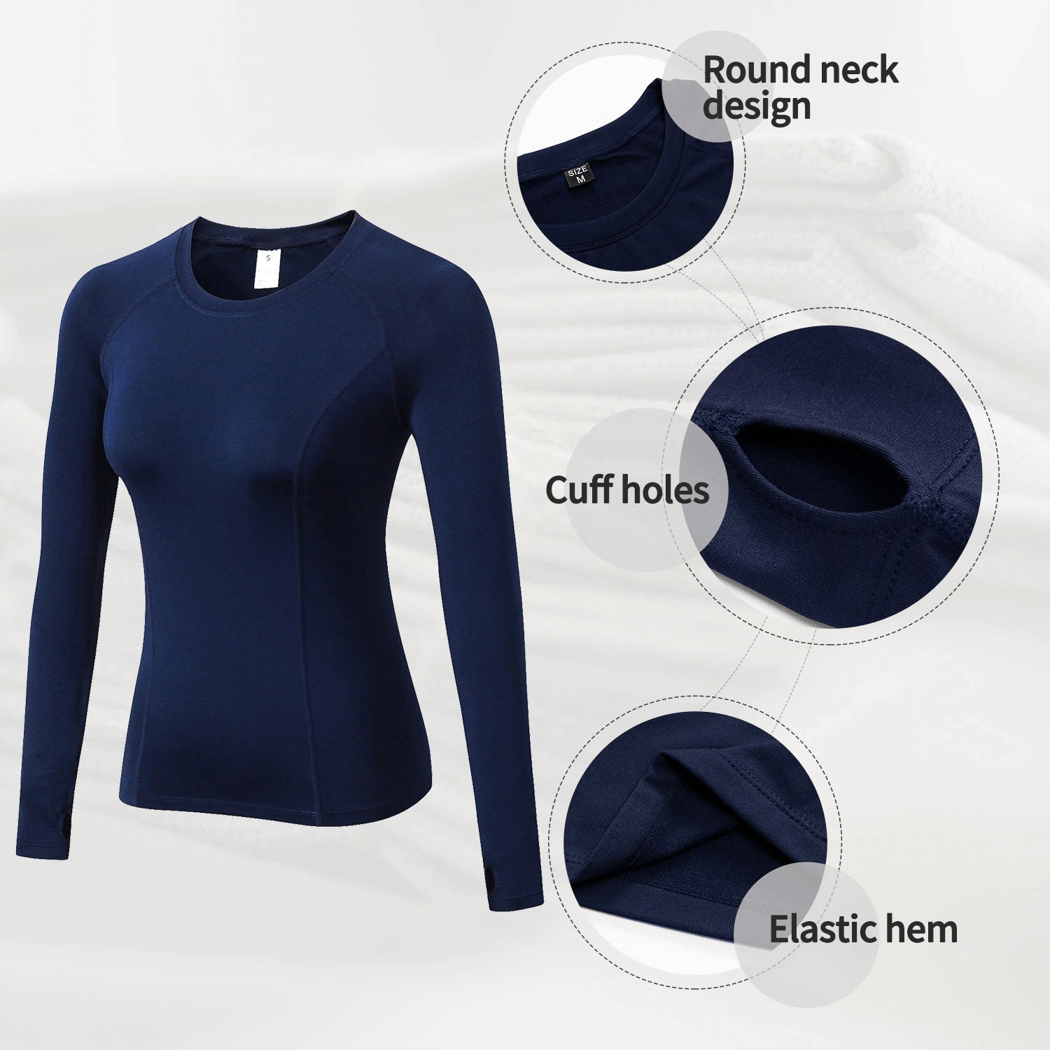 Thumb hole running top for women, navy blue, round neck, elastic hem, moisture-wicking fabric for workouts, style SF0057.